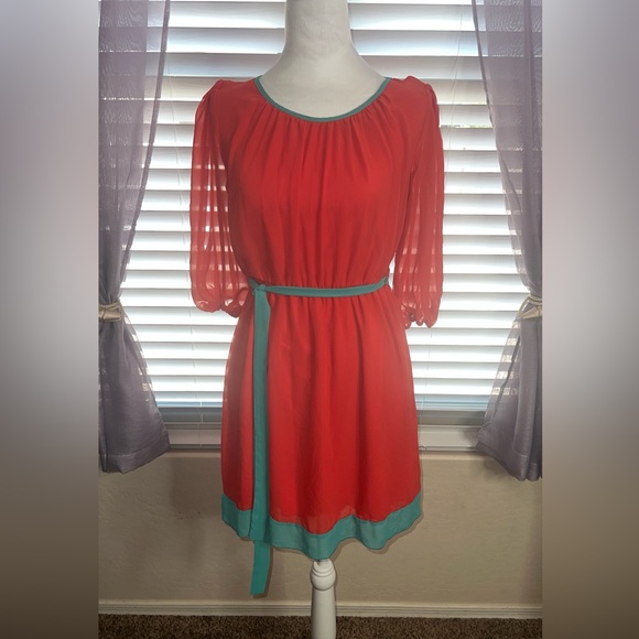 Enfocus Studio Dresses & Skirts - Enfocus Petite Dress in Orange and Aqua Blue with Sexy Opening in the Sleeve